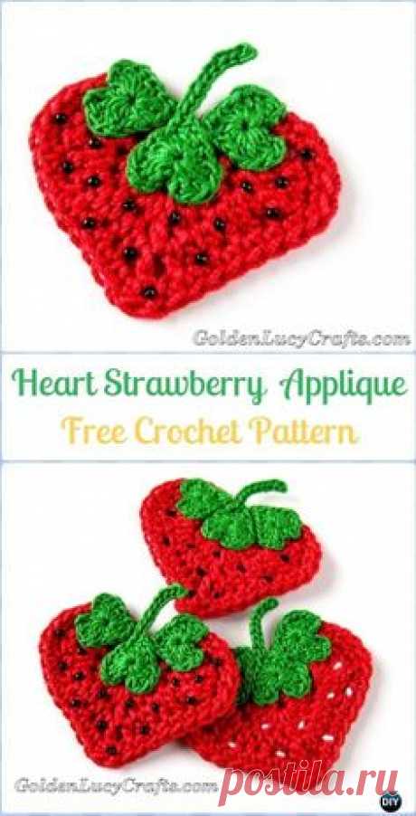 Crochet Heart Strawberry Applique Free Pattern - Crochet Heart Shaped Applique Free Patterns By Golden Lucy Crafts