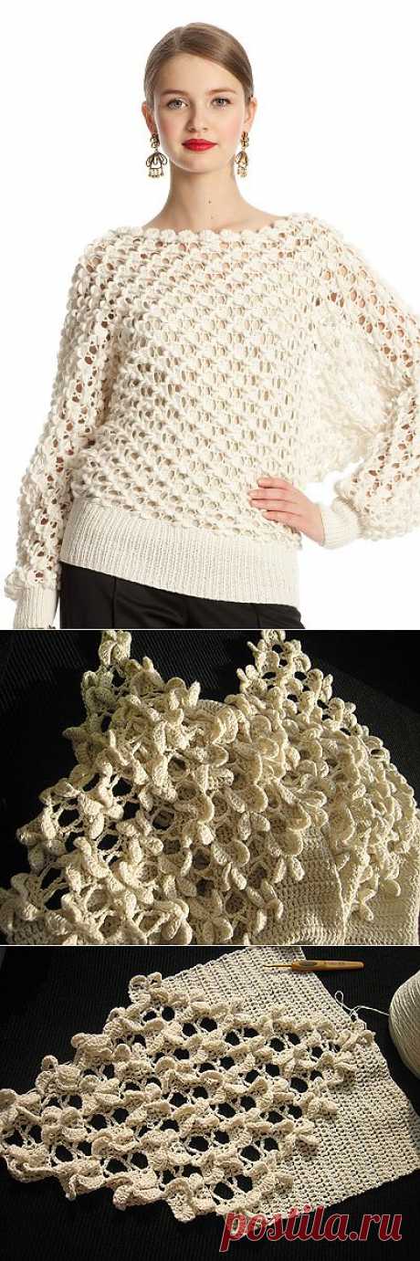 Пуловер-доломан объемным узором крючком от Оскар де-ла Рента. МК по узору + выкройка.