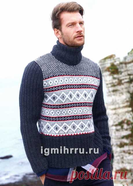 Мужской жаккардовый свитер в норвежском стиле. Вязание спицами со схемами и описанием