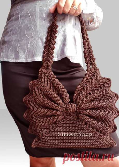 Crochet handbag,Crochet tote,Vintage style purse,Retro handbag,Unique bag,Butterfly bag,Brown bag EXCLUSIVELY DESIGNED and MADE by SiMARTSHOP ✈Ready to Ship  Hand crocheted Unique design bag. &gt;&gt; Exterior: Polypropylene macrame cord &gt;&gt; Bag Color: Dark brown &gt;&gt; Lining: Polyester fabric in brown &gt;&gt; Strap: Hand crocheted strap with macrame cord and organza fabric &gt;&gt; Top magnetic button