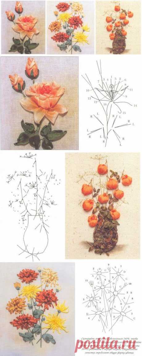 Роза, физалис и хризантемы / Вышивка лентами / В рукоделии