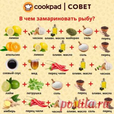 Готовим вкусный маринад для рыбы
.
Вариант 1:
Лимон - 1/2 шт.
Чеснок - 1 зубчик
Оливковое масло - 1 ст.л.
Майоран сушеный - 1 ст.л.
Соль и перец - по вкусу
.
Вариант 2:
Апельсин - 2 шт.
Лимон - 1 шт.
Оливковое масло - 1 ст.л.
Соль и перец - по вкусу
.
Вариант 3:
🌶Соевый соус - 4 ст.л.
🌶Мед - 1/2 ч.л.
🌶Перец чили - 2 см
🌶Оливковое масло - 2 ч.л.
🌶Чеснок - 2 зубчика
.
Вариант 4:
Петрушка - 3 веточки
Оливковое масло - 2 ст.л.
Сок и цедра 1/2 лайма
Соль и перец - по