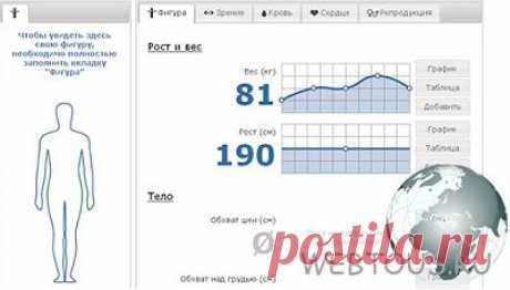 Онлайн сервис контроля состояния здоровья: оценить, как менялись во времени показатели Вашего веса, давления, остроты зрения и пр. Сервис не только хранит все данные, но и вовремя предупредит о подозрительной динамике!