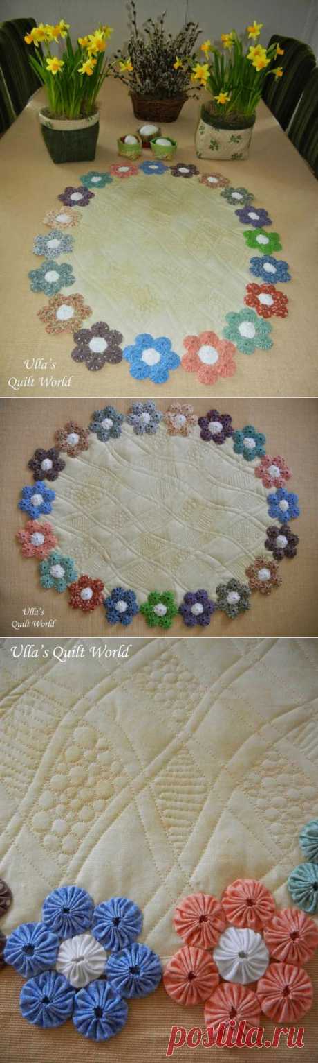 Цветочки Йо-Йо для пошива круглой салфетки или скатерти. Фото идея.