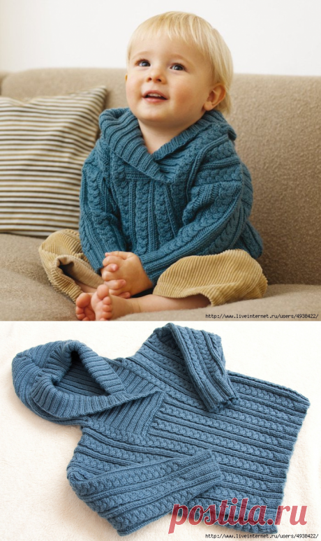 Пуловер с косами для мальчика, связанный спицами - Cable and Rib Sweater with Hood by Debbie Bliss.