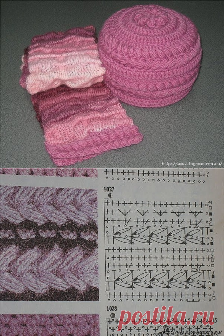 Розовый комплект (шапка + шарфик ) спицами и крючком
