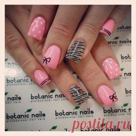 Pink, Black, and White with Polkadots, Strips, and a Bow Nail Art Design