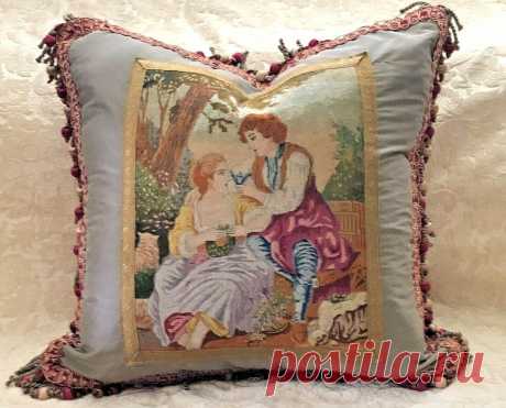 Антикварная 19TH века исключительная вышивка гобелен подушка пара ухаживал | eBay