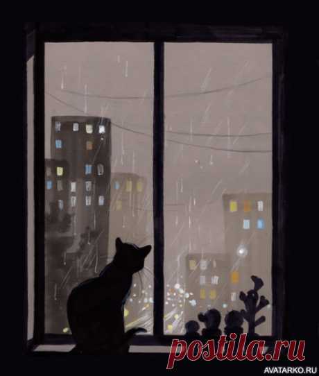 Силуэт сидящего на подоконнике кота, который смотрит на дождь — Рисунки на аву
