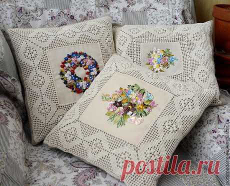 Очаровательно - декоративные подушки, украшенные цветочной вышивкой. Идеи для вдохновения