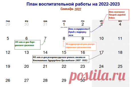 План воспитательной работы на 2022-2023 учебный год для 1, 2, 3 и 4 классов в виде календаря по месяцам