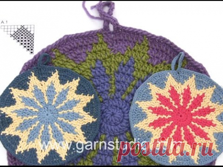 DROPS Crocheting Tutorial: How to work a pot holder with multi-coloured pattern