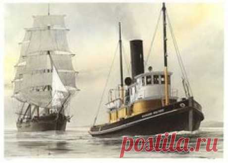 The steam tugboat RICHARD HOLYOKE tows a sailing ship through the Straits of Juan de Fuca. San Juan Island in the background to the north - watercolor by Steve Mayo.