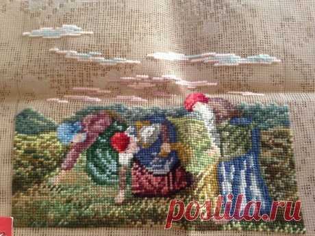 VINTAGE DRITZ PREWORKED NEEDLEPOINT CANVAS PEASANT WOMEN IN GARDEN 15" x 18" - $24.99 | PicClick