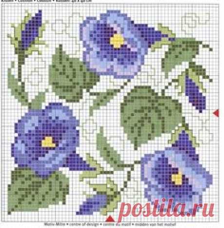 Cross-stitch Morning Glories Biscornu pattern... no color chart available, just use pattern chart as your color guide.. or choose your own colors...