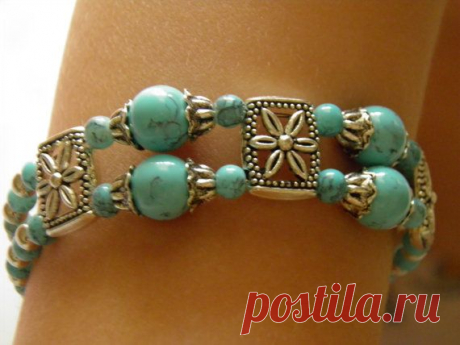Beaded 2-row blue turkish turquoise bracelet, memory wire bracelet, tibetan…