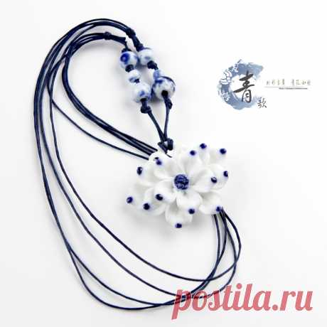 Retro jewelry handmade jewelry blue and white porcelain of Jingdezhen ceramics Peony necklace pendant A09 Ceramicslife.com