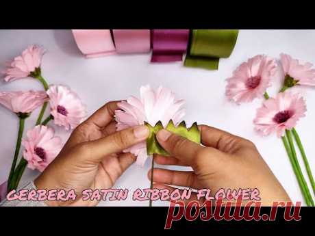 DIY | How To Make Gerbera Flowers From Satin Ribbons | Tutorial Membuat Bunga Dari Pita Satin