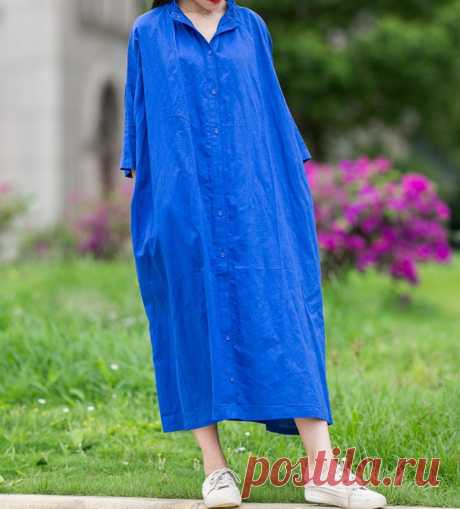 Women linen midi dress Blue shirt dress Linen dress for | Etsy
