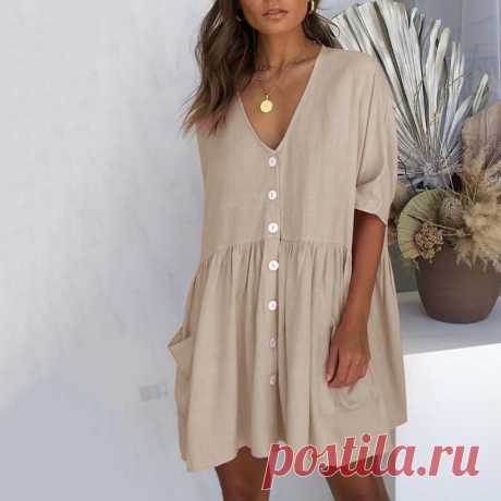 Casual V-Neck Pocket Button Short Dresses – dresshelike