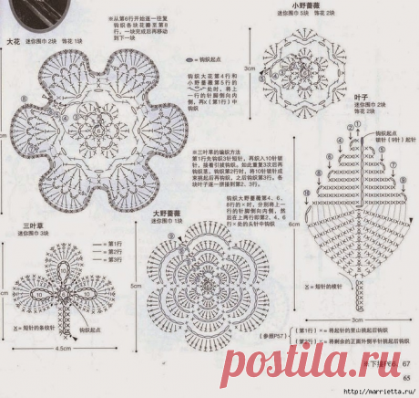 Брошь из цветочков крючком. Схемы