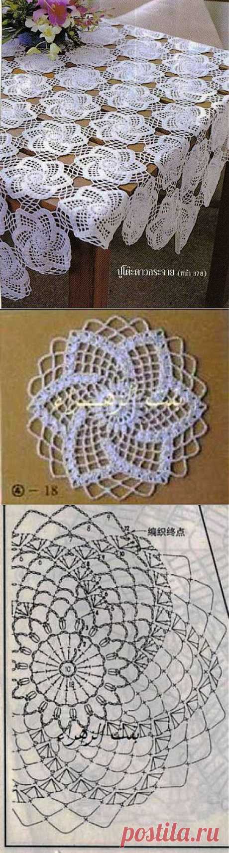 БЕЛАЯ СКАТЕРТЬ ИЗ АЖУРНЫХ РОЗЕТОК.