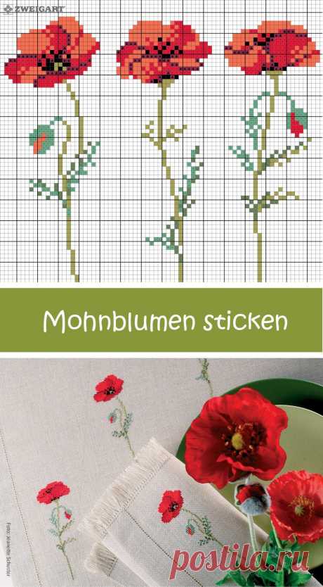 Mohnblumen sticken #Sticken #Kreuzstich / #Blume; #Embroidery #Crossstitch / #poppies / #ZWEIGART