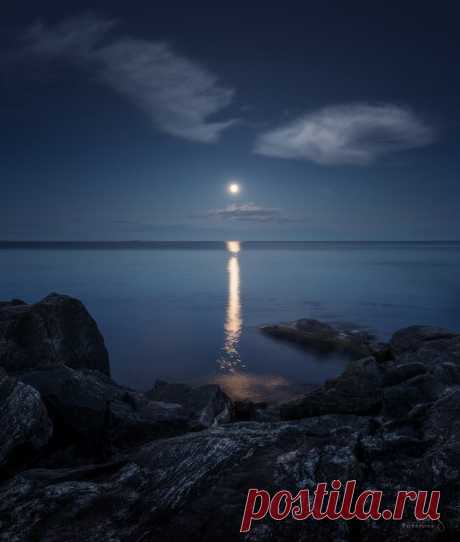 «Наедине с ночью». Лунная ночь на маленьком скалистом островке в Ладожском озере. Есусарет, Карелия. Автор фото – Ольга Потапова: nat-geo.ru/photo/user/50898/