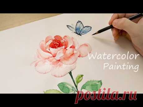 Картина акварелью роз / Рисование бабочки