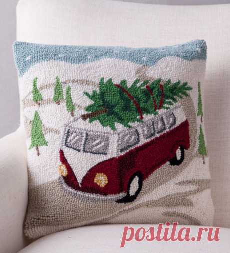 Hand-Hooked Wool Tree on Van Pillow | Hand or Artisan Made | Our Values | VivaTerra Display classic holiday style with these hand-hooked pillows, featuring the most idyllic scenes of the season. The designs are rendered in cozy 100% hooked-wool and finished with a cream linen back. Every pillow includes a natural down feather filled insert for a plush look and soft feel, and the covers zip open and closed for easy removal if needed. Perfect for a season full of warm col...