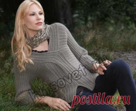 Пуловер спицами резинкой - Хитсовет Пуловер спицами резинкой. Стильная модель женского пуловера связанного резинкой с бесплатным описанием вязания. Вам потребуется: 300 (350, 400) грамм серой пряжи