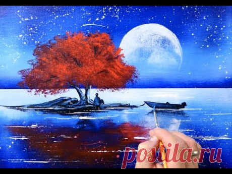 Red Tree at Full Moon | Landscape Painting | Easy for Beginners | Abstract