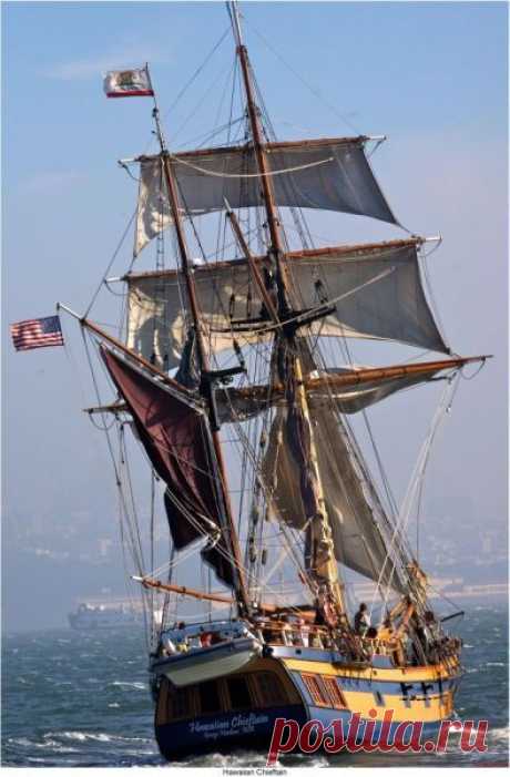 The Hawaiian Chieftain is a topsail ketch that is home-ported in Grays Harbor, Wash. In this photo, she's sailing in San Francisco Bay. Note the California state flag at the mizzen masthead. Photo by Tom Hyde for the owners.