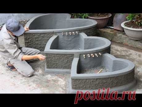 Building 3 in 1 Heart Aquarium with Cement and Brick - DIY Gaden Decoration