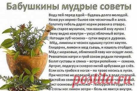 Советы бабушек 

1. Тесто меси по часовой стрелке. 

2. Никогда и никому не давай надевать свои тапочки! 
И не только из-за возможности подцепить грибок - можно нахватать чужие зло, зависть, неудачу... 

3. Если у тебя в квартире побывал завистливый, нехороший человек. 
Очисти свое жилье церковной свечой. Начинай с порога, обходи жилище по периметру так, чтобы стена все время шла слева, в тех углах, где свеча начнет трещать, постой подольше. Вернулась к входной двери, вышл...