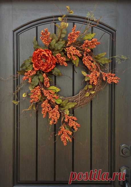 Fall Wreath Autumn Thanksgiving Orange Berry Twig Grapevine