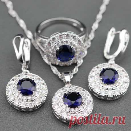 2015 новый синий сапфир 925 комплект ювелирных изделий серьги / подвеска / ожерелье / кольцо для женщин подарочной коробке TZ109 купить на AliExpress