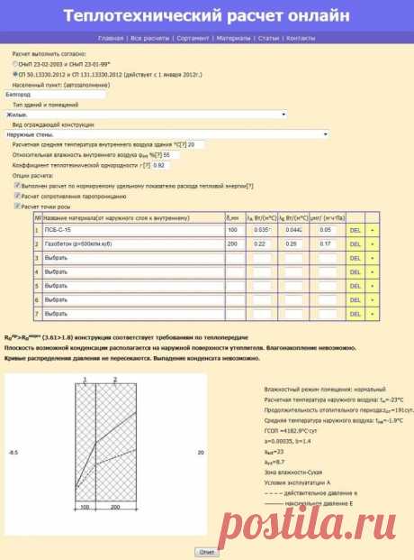Теплотехнический расчет (пример, программа, калькулятор онлайн).