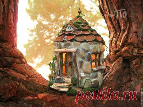 Купить Лесной домик - ночник ( светильник, коричневый, дом ) - коричневый, серый, камни