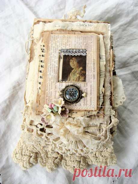 Reserved - Handmade Journal, Vintage Junk Journal, Mini Album Reserved for M.  Vintage mini junk journal For the cover Iv incorporated many vintage and new items such as, vintage childrens school book pages, vellum ephemera, corrugated card, fabrics, laces, crochet/tatting, vintage forget-me-nots, rhinestone chain, vintage buttons and a bezel that Iv altered with a vintage glass button.  Contents include 22 pages. A mix of papers from the Tim Holtz French Industrial paper ...