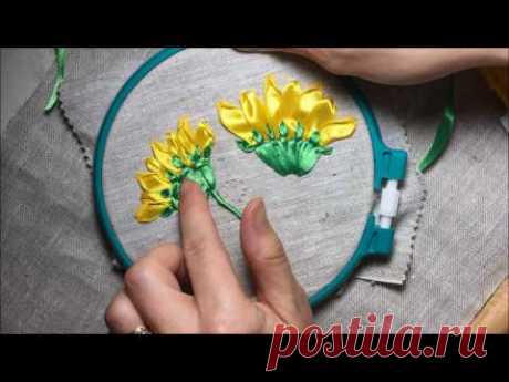 Подсолнух вышитый лентами (бутон) / Sunflower embroidered ribbons (Bud)