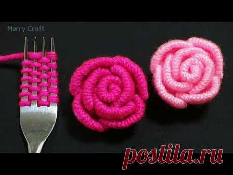 Easy Rose Flower Making Idea with Woolen - Hand Embroidery Amazing Trick - Sewing Hack - Wool Design