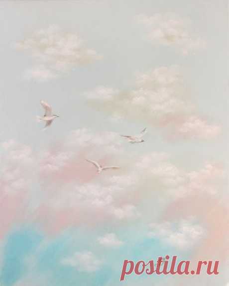 Облака - облака,небо,воздушный,мечты,чайки,птицы,полет,нежно-голубой,картина пастелью