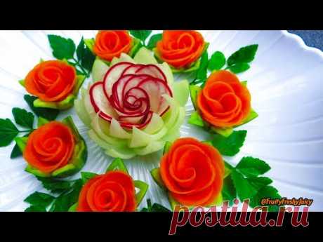 Attractive Garnish of Radish & Carrot Rose Flowers with Onion & Cilantro Designs