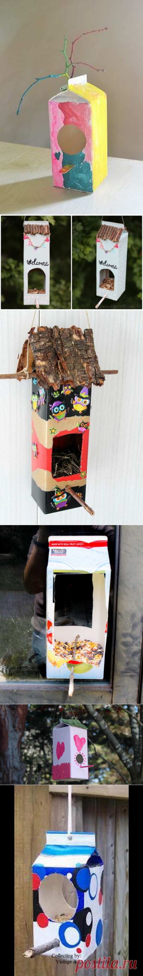 Фото-идеи кормушек для птиц из коробок от молока (37 фото)