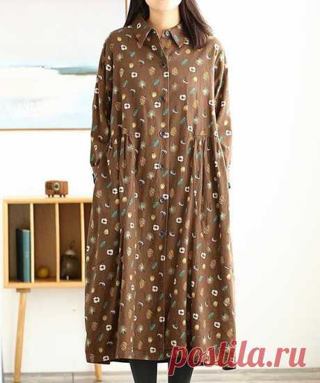 Women Floral Dresses, Loose dress, longsleeved dress,  spring Shirt dress, Single breasted gown 【Fabric】 Cotton Lined Cotton 【Color】 brown, dark gray 【Size】 Shoulder 46cm / 18  Sleeve length 54cm / 21  Bust 122cm / 47  Big arm circumference 45cm / 18  Skirt length 110cm / 43    Have any questions please contact me and I will be happy to help you.