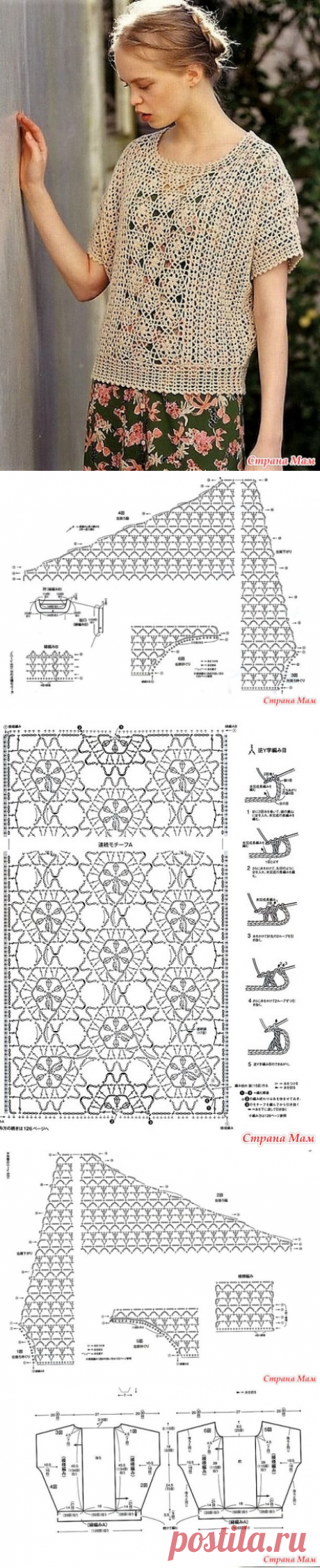 Ажурный джемпер с вставкой по переду из мотивов. Крючок. - ВЯЗАНАЯ МОДА+ ДЛЯ НЕМОДЕЛЬНЫХ ДАМ - Страна Мам