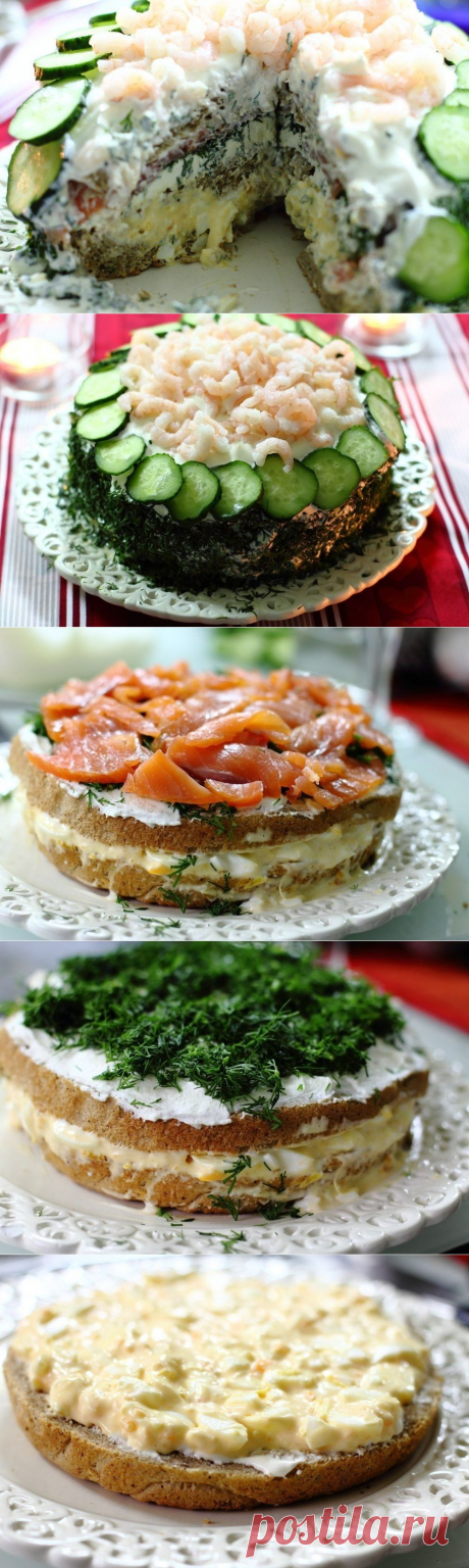 Как приготовить блюдо &quot;бутербродный торт с семгой и креветками&quot; - рецепт, ингридиенты и фотографии | sloosh