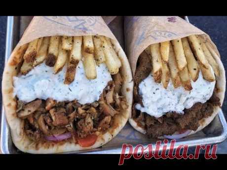 GREEK STREET FOOD BBQ CHICKEN, LAMB & SAUSAGE SANDWICH GYRO YOGURT SAUCE SALAD LONDON STREET FOOD