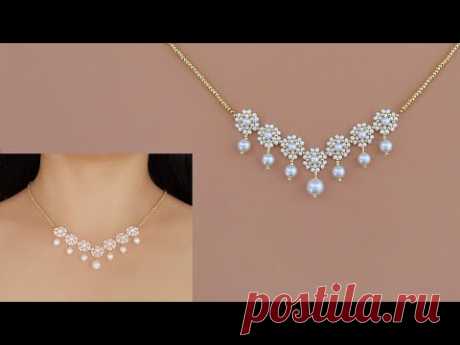 “Princess Flowers” Beaded Necklace with White Pearls and Seed Beads. How to Make Beaded Jewelry.